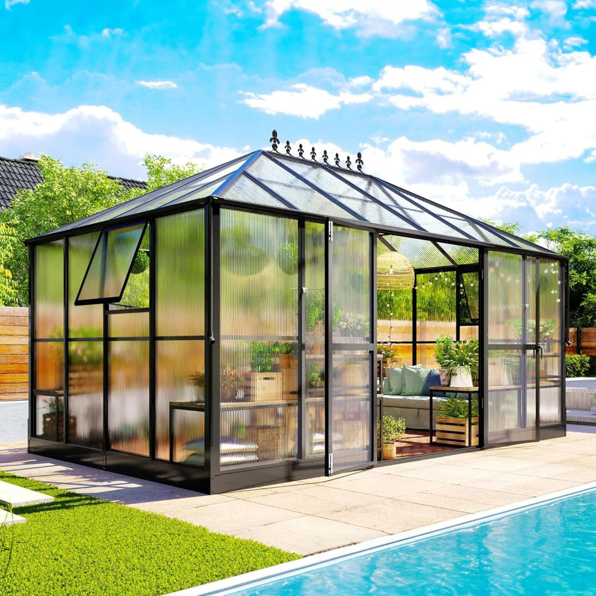 10x14 ft Premium Outdoor Polycarbonate Greenhouse with Aluminum Frame and Double Swing Doors