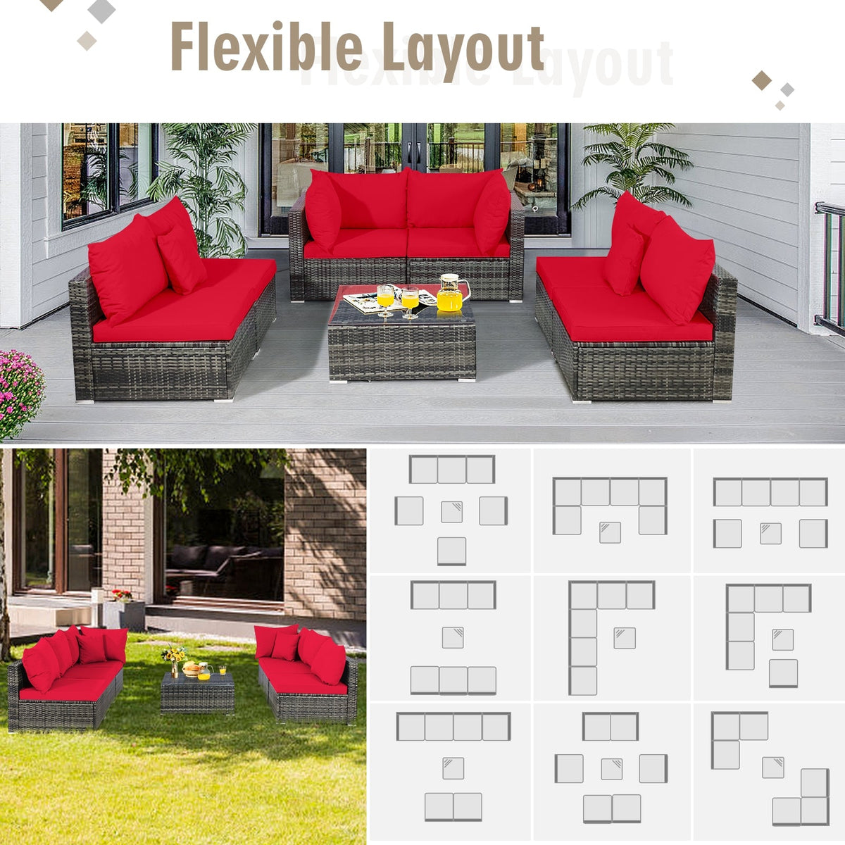 7-Piece Patio Rattan Furniture Set Sectional Sofa Garden Cushion