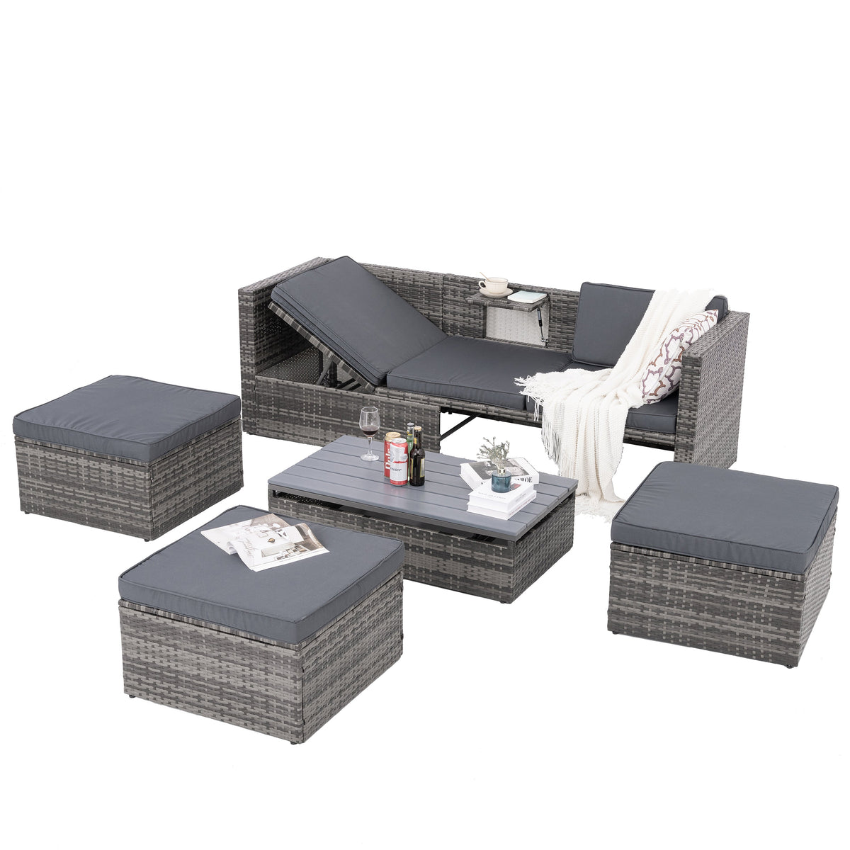 5-Piece Outdoor PE Wicker Conversation Set with Reclining Sofa & Lift-Top Table — Dark Gray