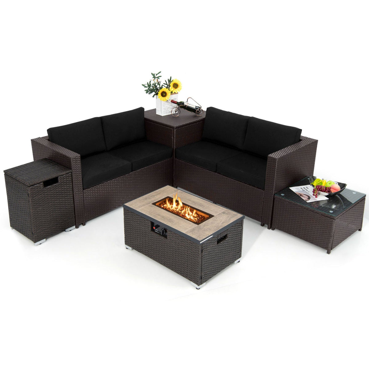6-Piece Outdoor Hand-Woven PE Wicker Set with CSA-Certified 40,000 BTU Fire Pit, Hideaway Tank & Storage Box