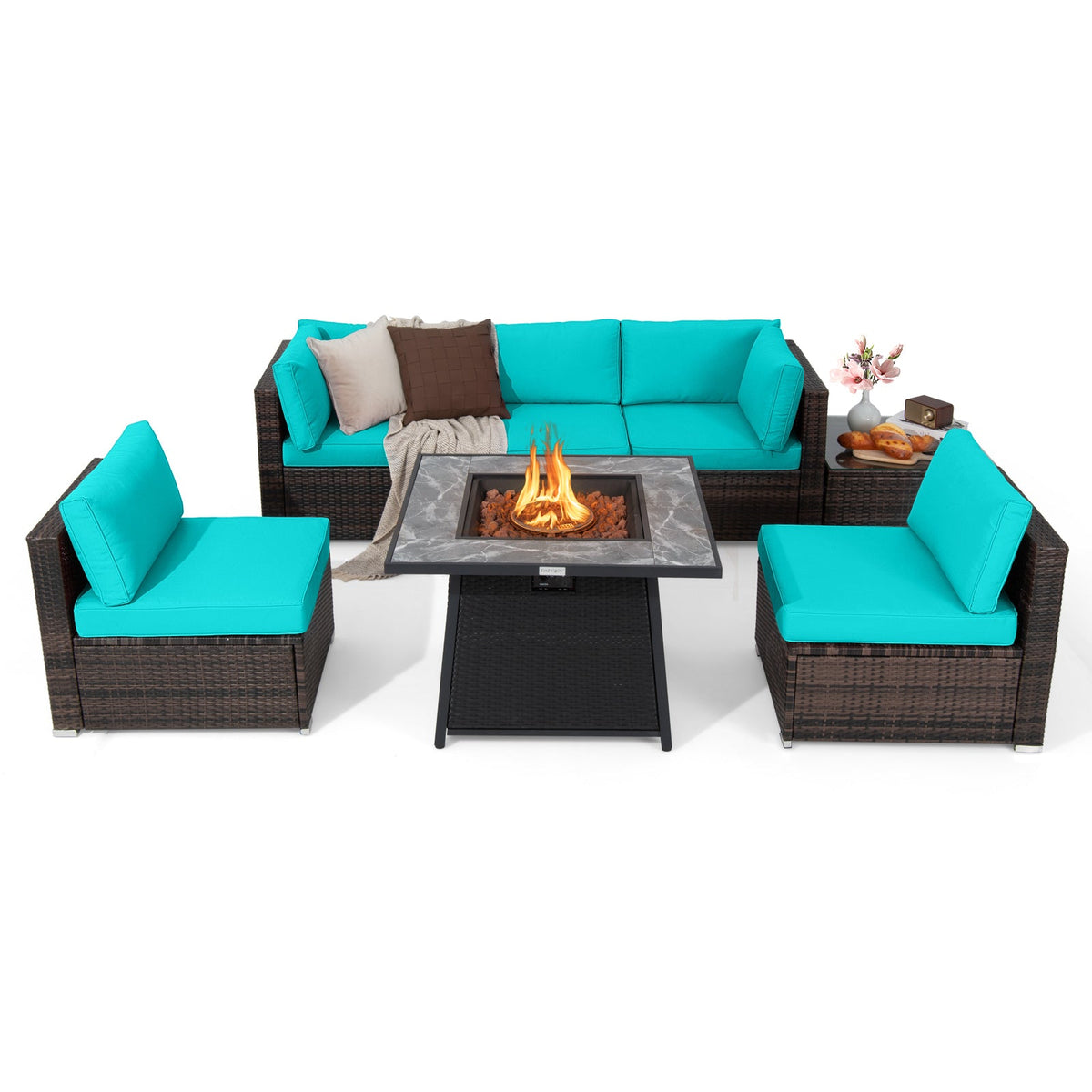 7-Piece Outdoor PE Wicker Patio Set with 35" 50,000 BTU Propane Fire Pit & Waterproof Cover