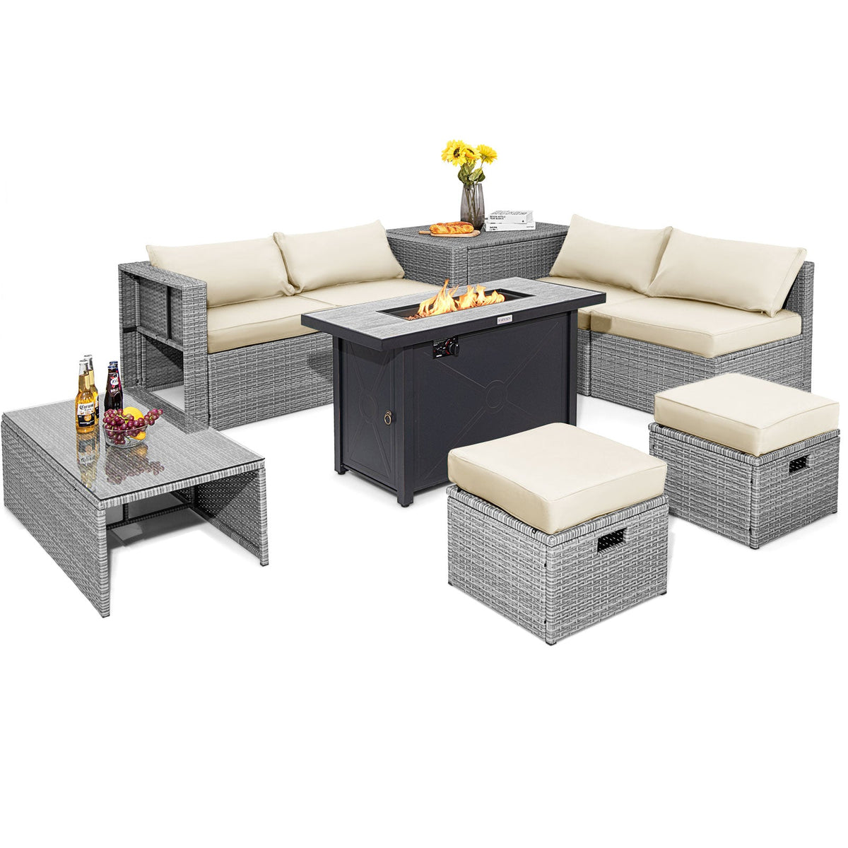 9-Piece Outdoor Hand-Woven PE Wicker Set with 42" 60,000 BTU Ceramic Fire Pit & 2 Covers