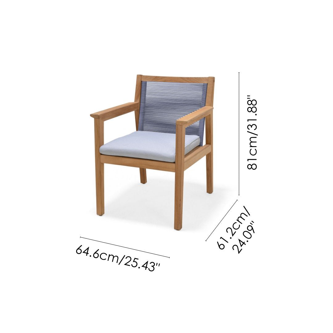 Agate Teak & Rope Outdoor Dining Armchair – FSC™ Certified Teak, Olefin Cushion, Blue