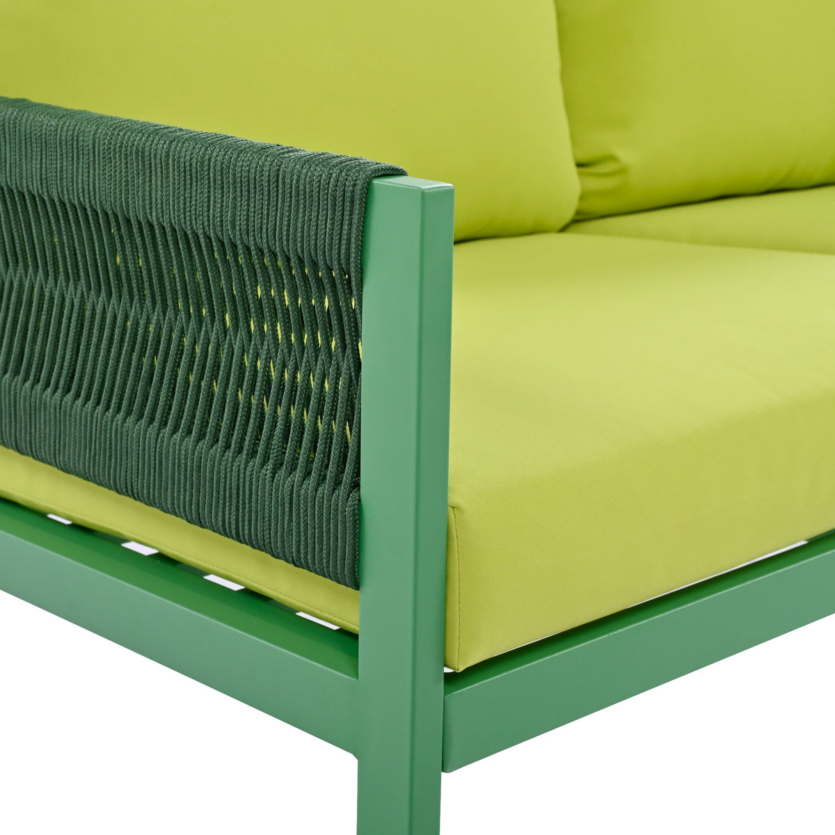 4-Piece Outdoor Rope Weave Deep Seating Set with Tempered Glass Table — Green & Yellow-Green