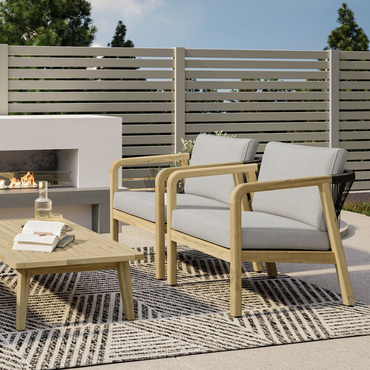 Palmetto Outdoor Conversation Chair, Set of 2 – Acacia Wood, Rope Back, Stone Grey Cushions
