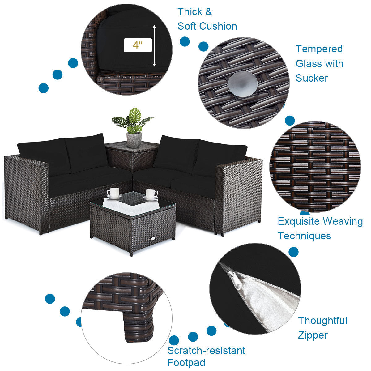 5-Piece Outdoor PE Wicker Loveseat Set with 60,000 BTU Ceramic Fire Pit, Coffee Table & Storage Box