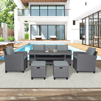 TOPMAX 6-Piece Outdoor Rattan Wicker Conversation Set with Sofa, Chairs, Ottomans & Table – Gray