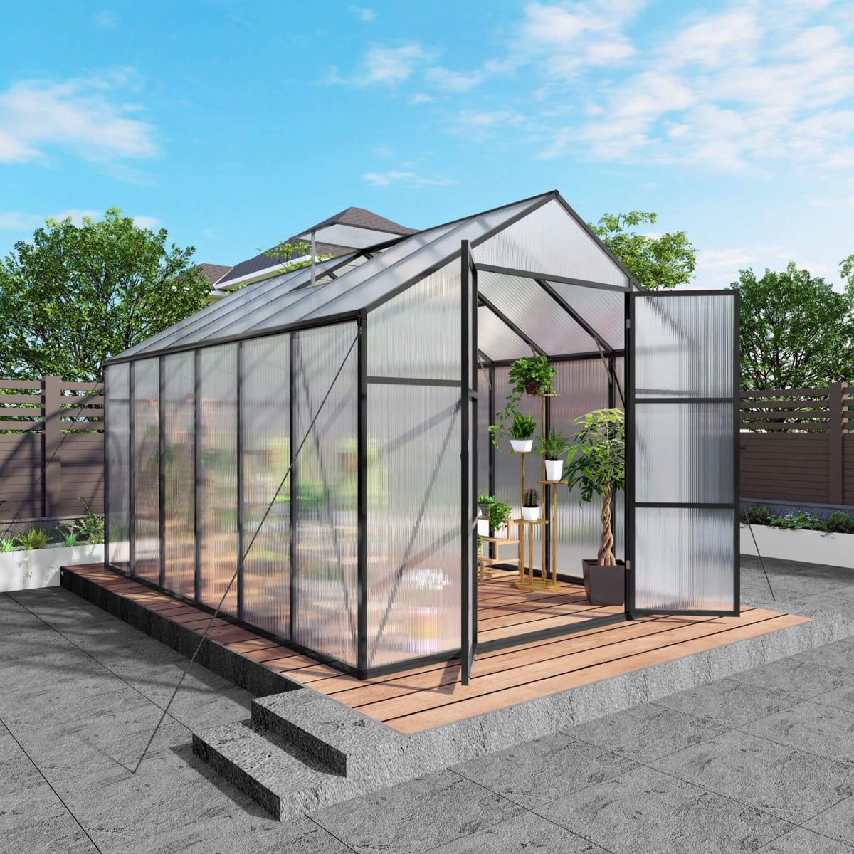 8x12 ft All-Season Polycarbonate Greenhouse with Raised Base and Aluminum Frame