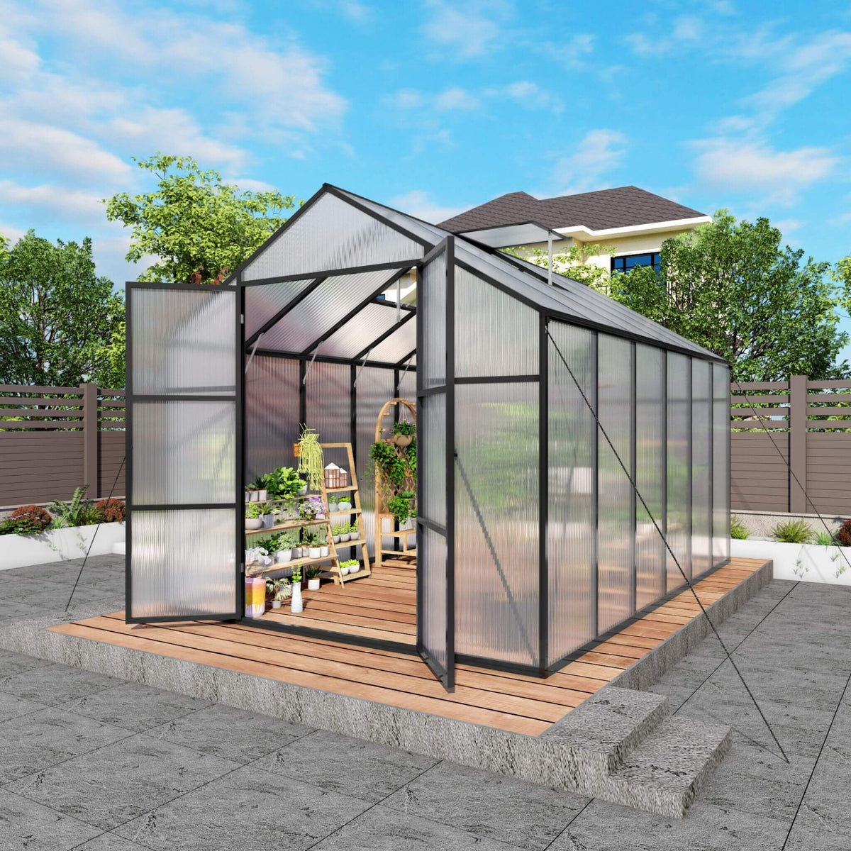 8x12 ft All-Season Polycarbonate Greenhouse with Raised Base and Aluminum Frame
