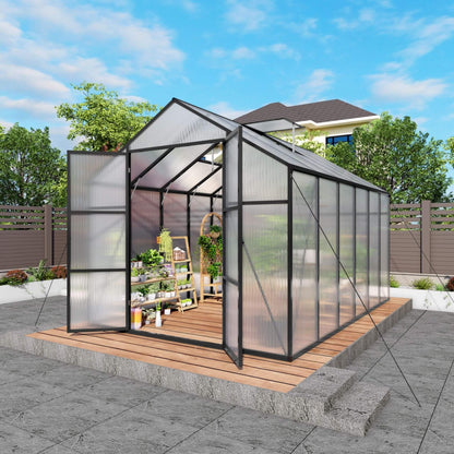 8x12 ft All-Season Polycarbonate Greenhouse with Raised Base and Aluminum Frame