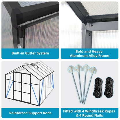 8x12 ft All-Season Polycarbonate Greenhouse with Raised Base and Aluminum Frame
