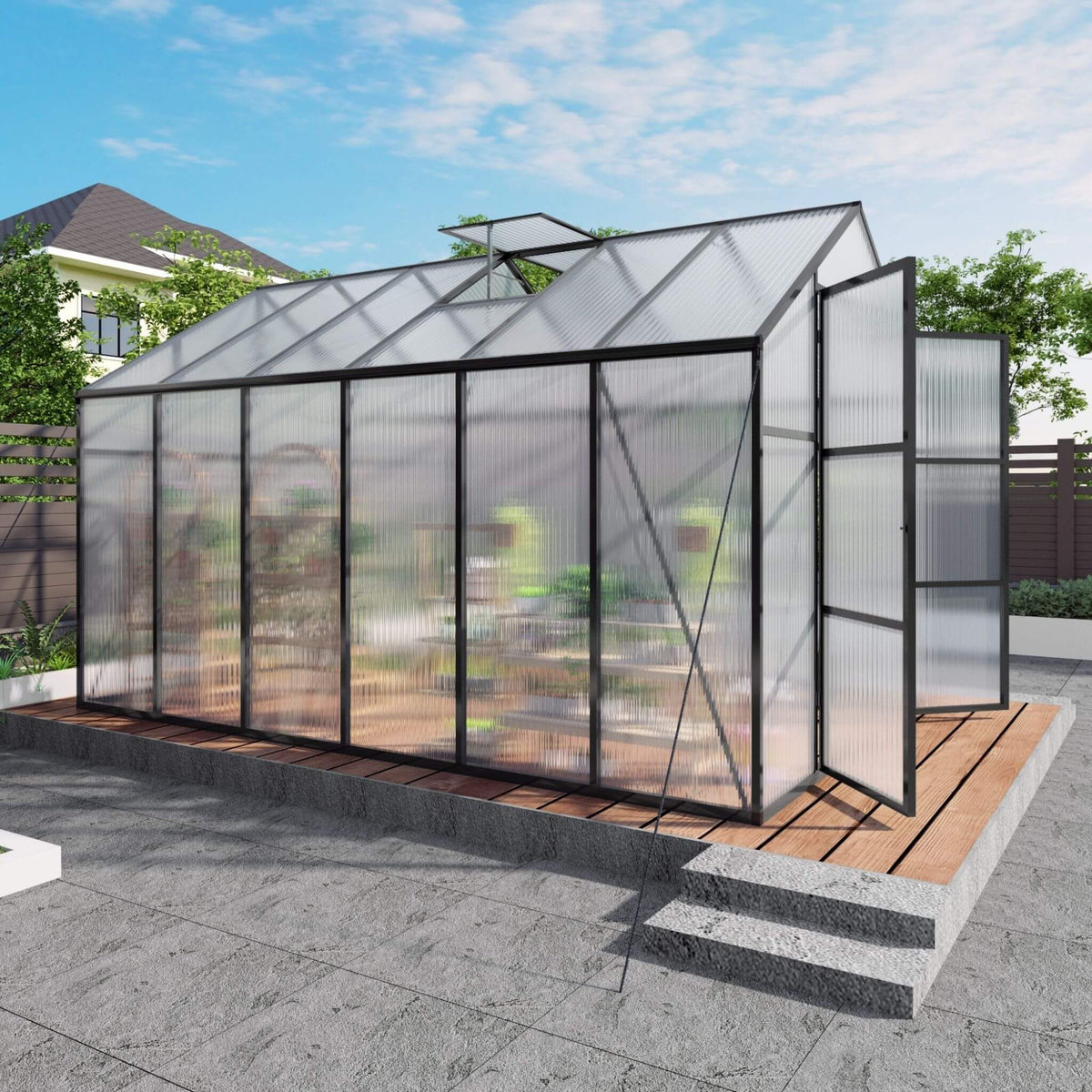 8x12 ft All-Season Polycarbonate Greenhouse with Raised Base and Aluminum Frame