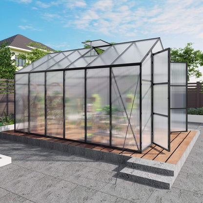 8x12 ft All-Season Polycarbonate Greenhouse with Raised Base and Aluminum Frame
