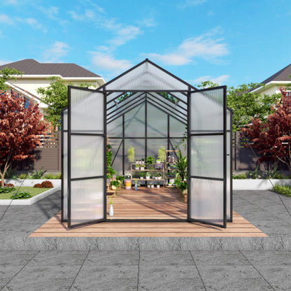 8x12 ft All-Season Polycarbonate Greenhouse with Raised Base and Aluminum Frame