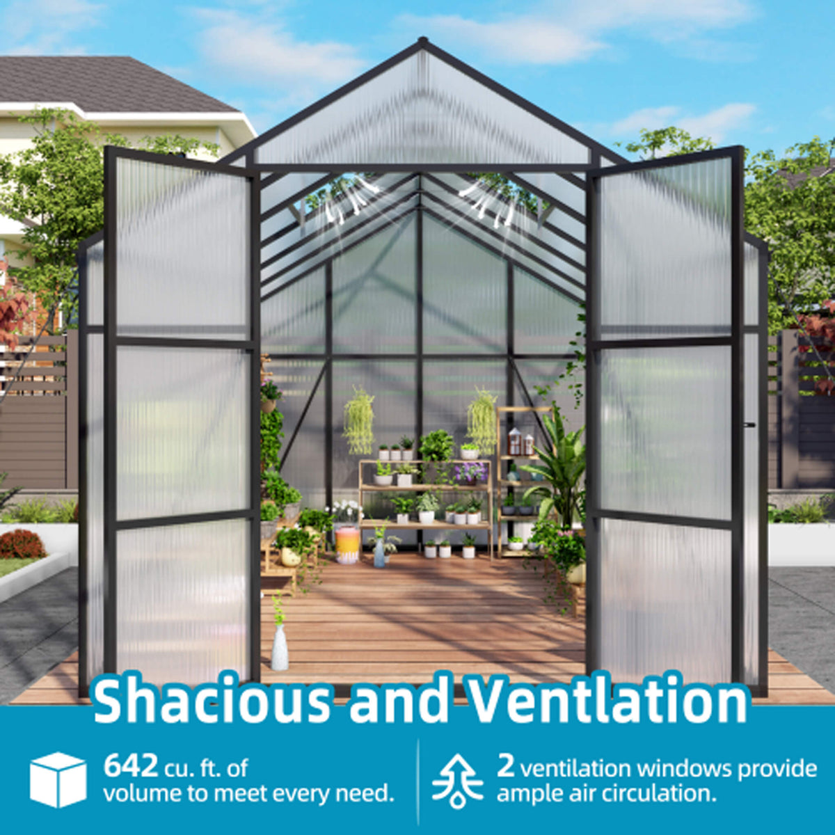 8x12 ft All-Season Polycarbonate Greenhouse with Raised Base and Aluminum Frame