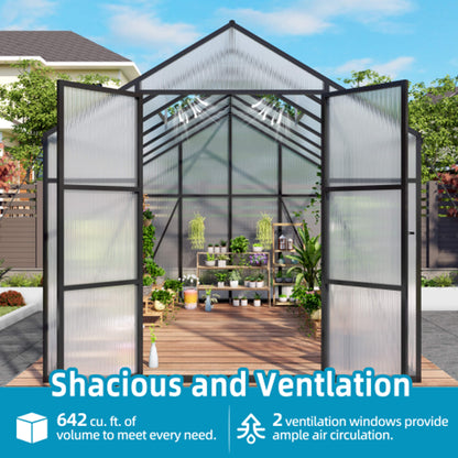 8x12 ft All-Season Polycarbonate Greenhouse with Raised Base and Aluminum Frame