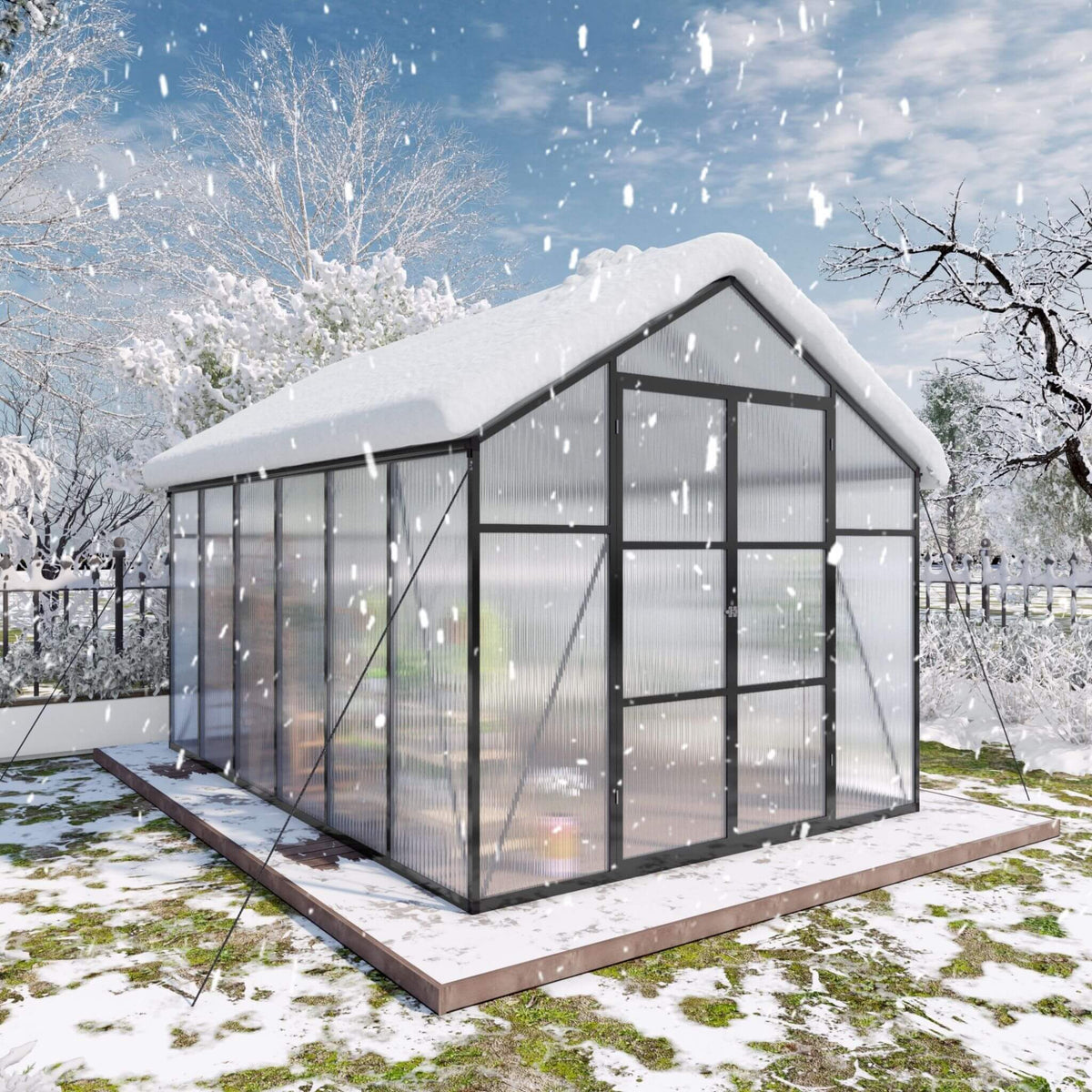 8x12 ft All-Season Polycarbonate Greenhouse with Raised Base and Aluminum Frame