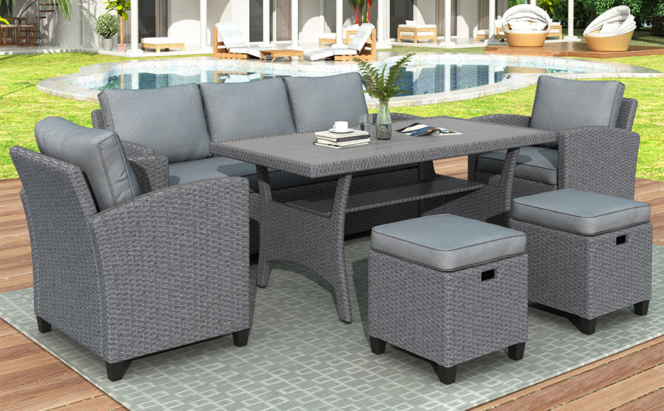 TOPMAX 6-Piece Outdoor Rattan Wicker Conversation Set with Sofa, Chairs, Ottomans & Table – Gray
