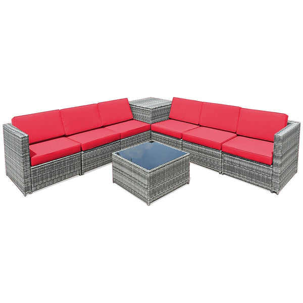 8-Piece Wicker Patio Conversation Set With Storage Cabinet and Glass Coffee Table