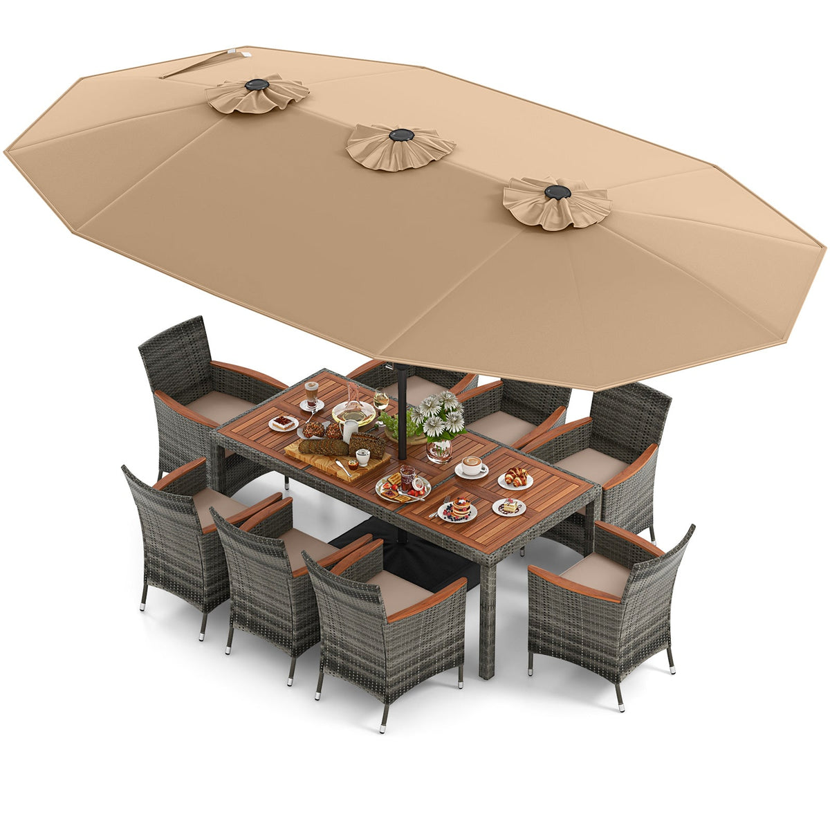 10-Piece Patio Wicker Dining Set with 15 Feet Double-Sided Patio Umbrella
