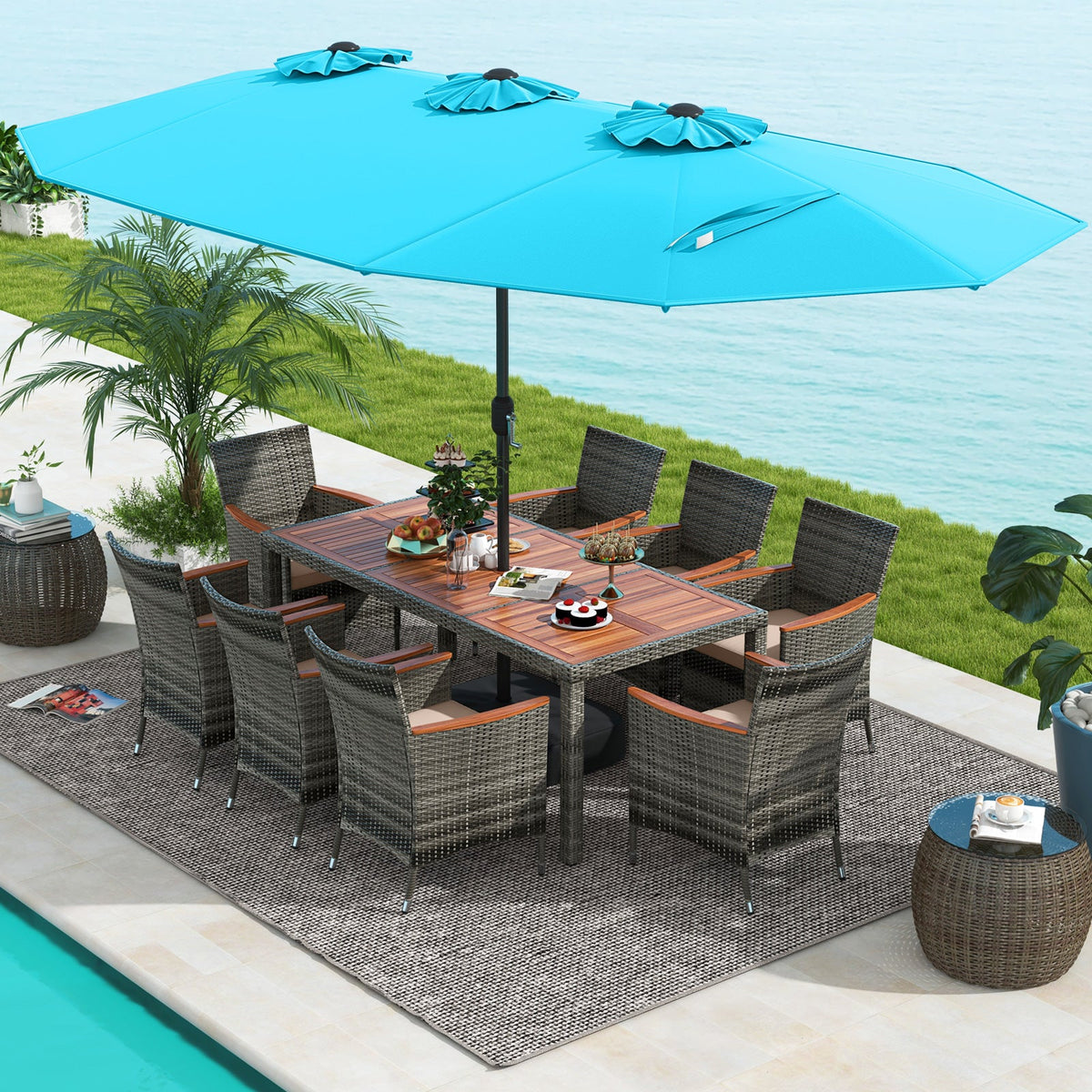 10-Piece Patio Wicker Dining Set with 15 Feet Double-Sided Patio Umbrella