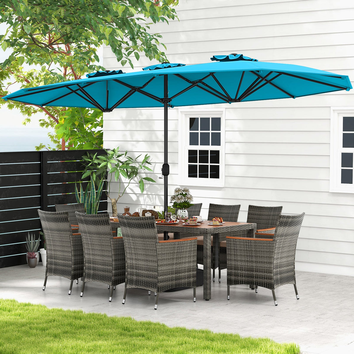 10-Piece Patio Wicker Dining Set with 15 Feet Double-Sided Patio Umbrella