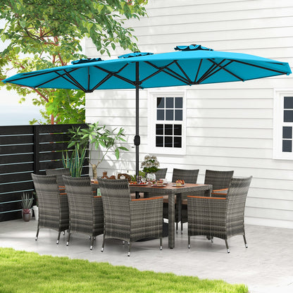 10-Piece Patio Wicker Dining Set with 15 Feet Double-Sided Patio Umbrella
