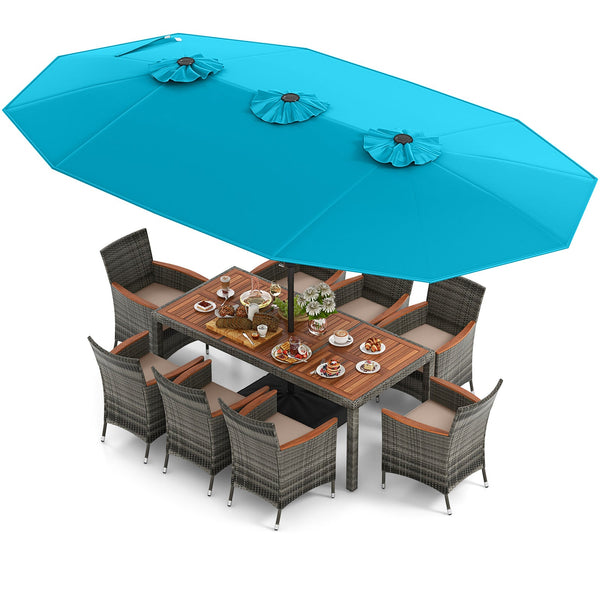 10-Piece Patio Wicker Dining Set with 15 Feet Double-Sided Patio Umbrella