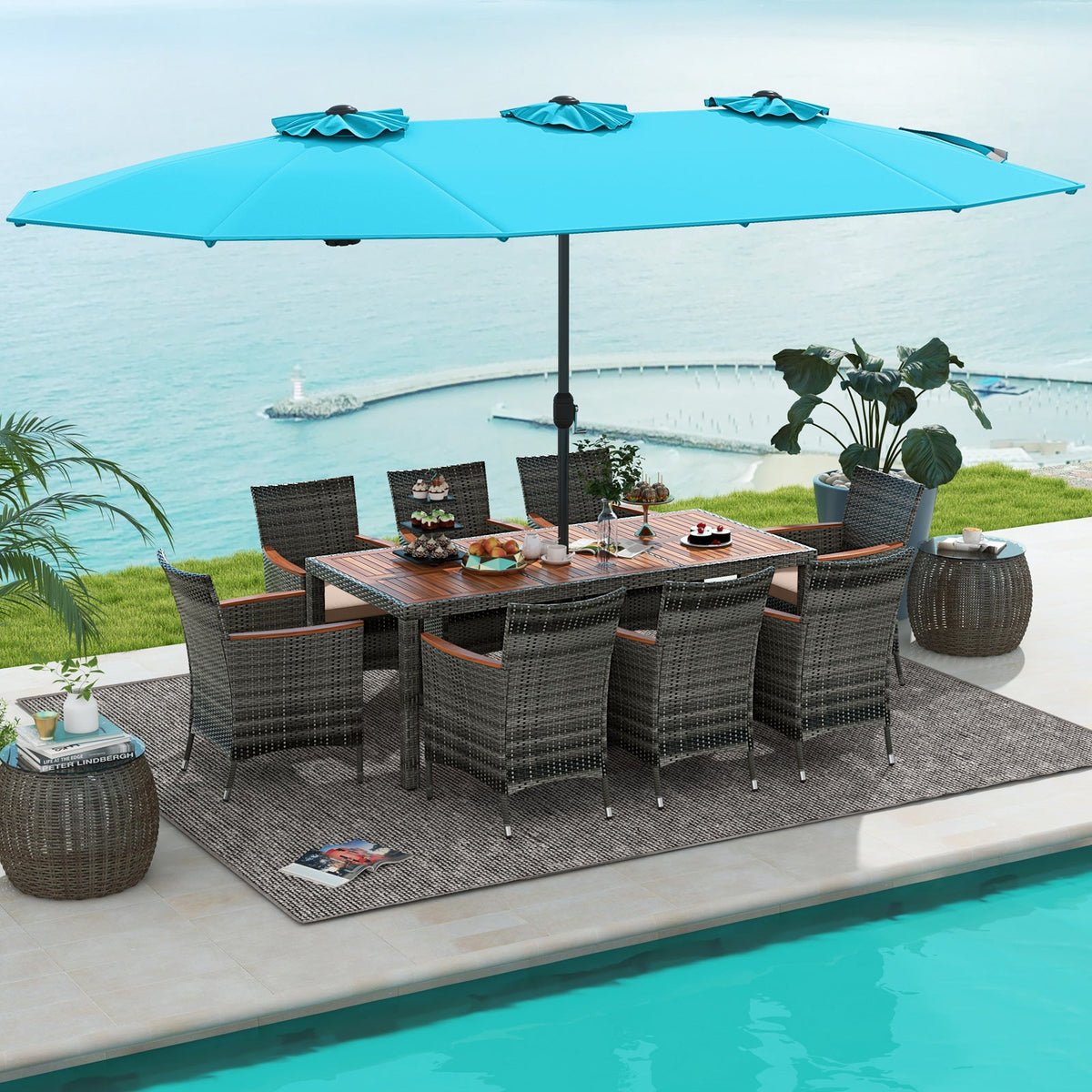 10-Piece Patio Wicker Dining Set with 15 Feet Double-Sided Patio Umbrella