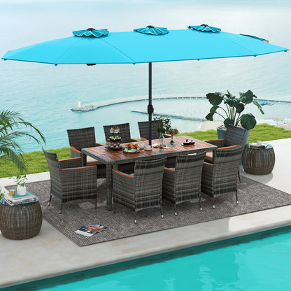 10-Piece Patio Wicker Dining Set with 15 Feet Double-Sided Patio Umbrella
