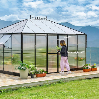 10x14 ft Premium Outdoor Polycarbonate Greenhouse with Aluminum Frame and Double Swing Doors