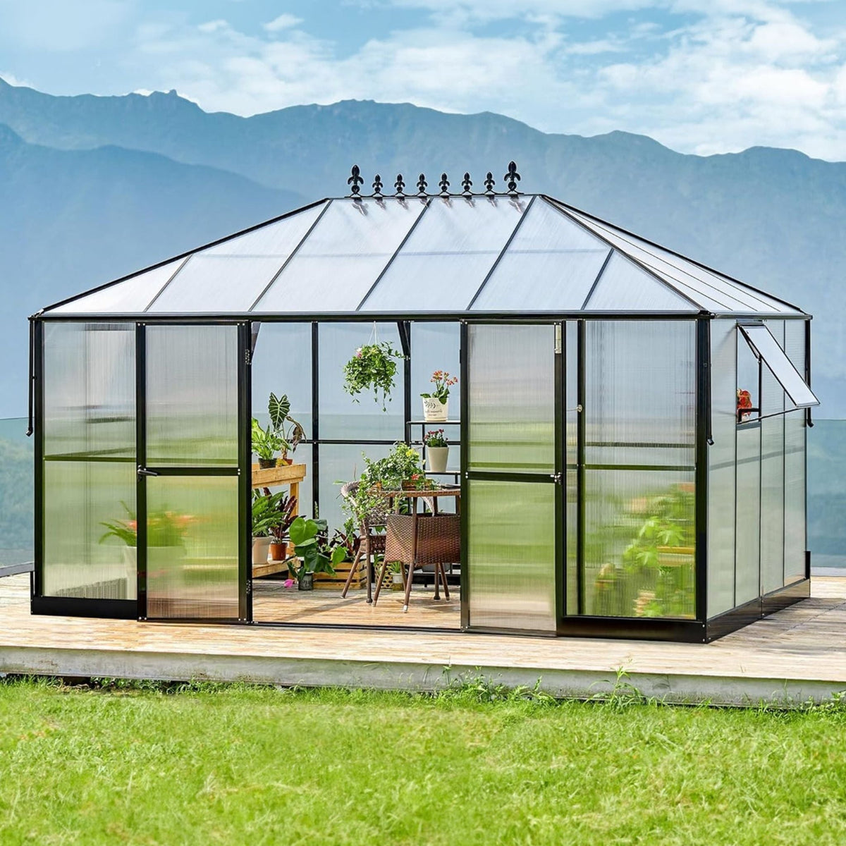 10x14 ft Premium Outdoor Polycarbonate Greenhouse with Aluminum Frame and Double Swing Doors
