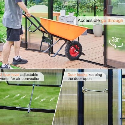10x14 ft Premium Outdoor Polycarbonate Greenhouse with Aluminum Frame and Double Swing Doors
