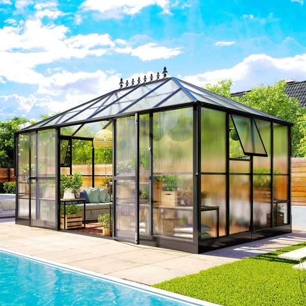 10x14 ft Premium Outdoor Polycarbonate Greenhouse with Aluminum Frame and Double Swing Doors