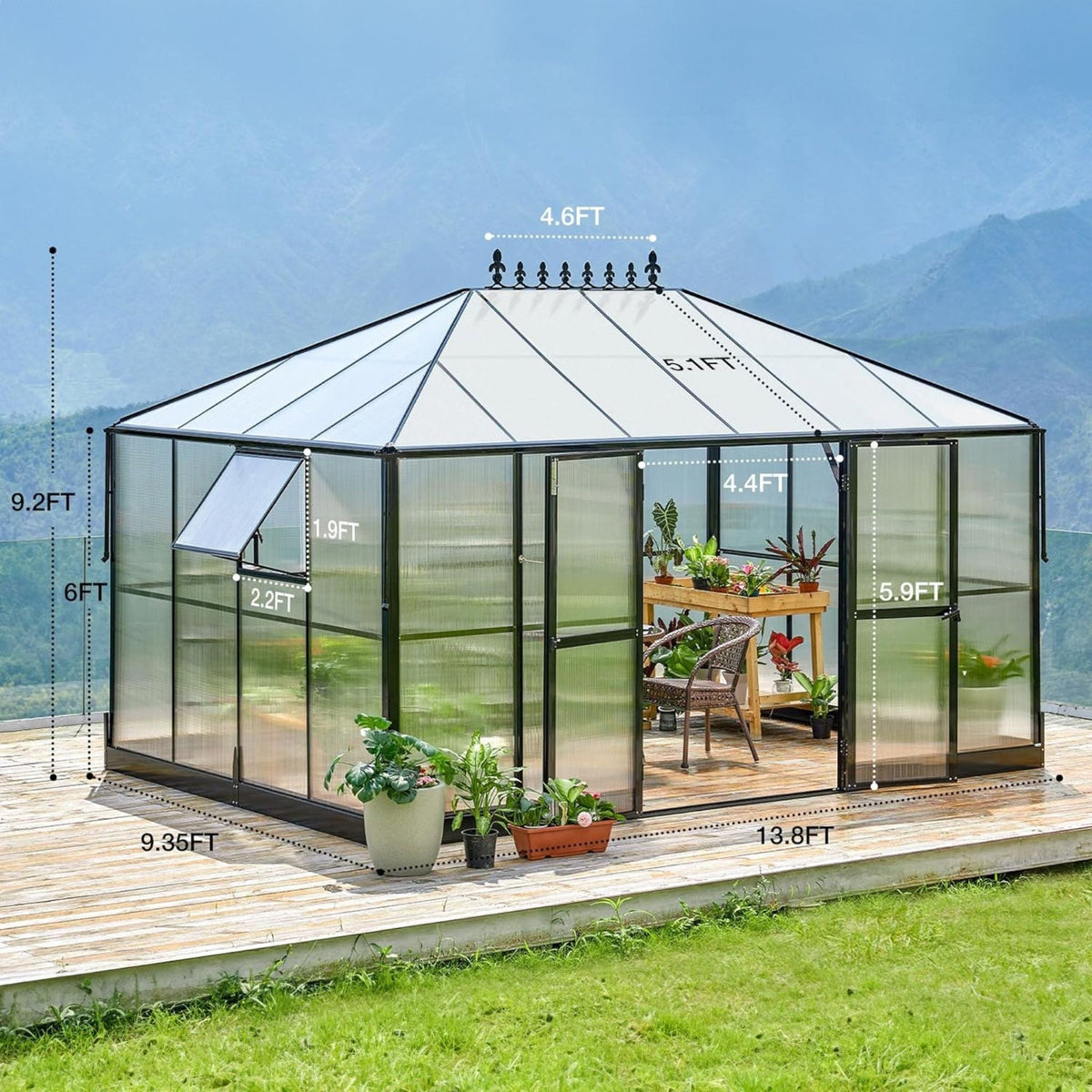 10x14 ft Premium Outdoor Polycarbonate Greenhouse with Aluminum Frame and Double Swing Doors