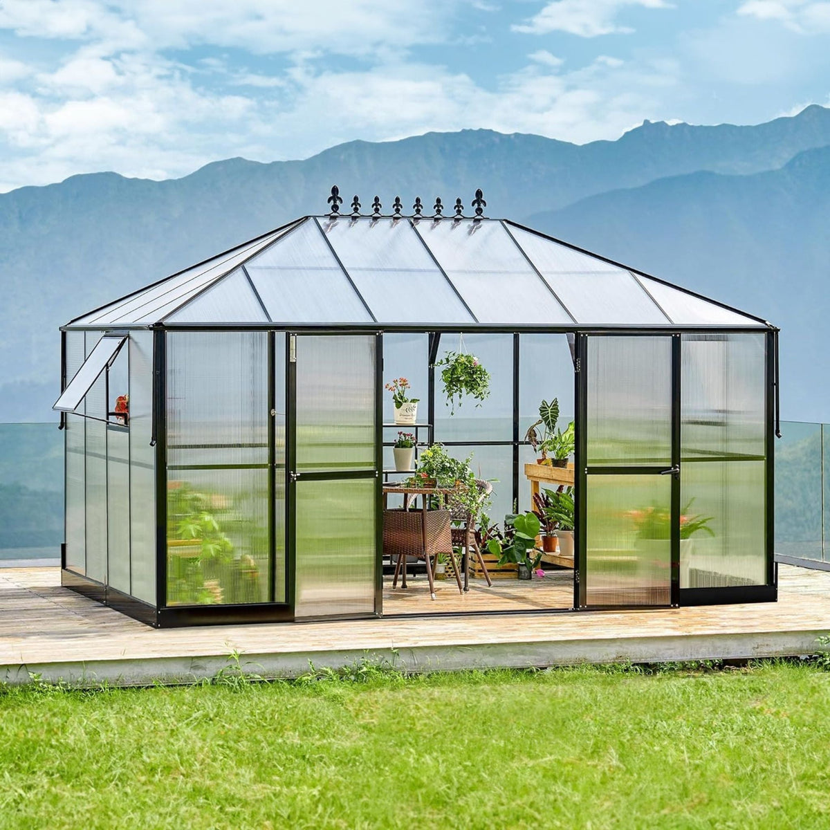10x14 ft Premium Outdoor Polycarbonate Greenhouse with Aluminum Frame and Double Swing Doors