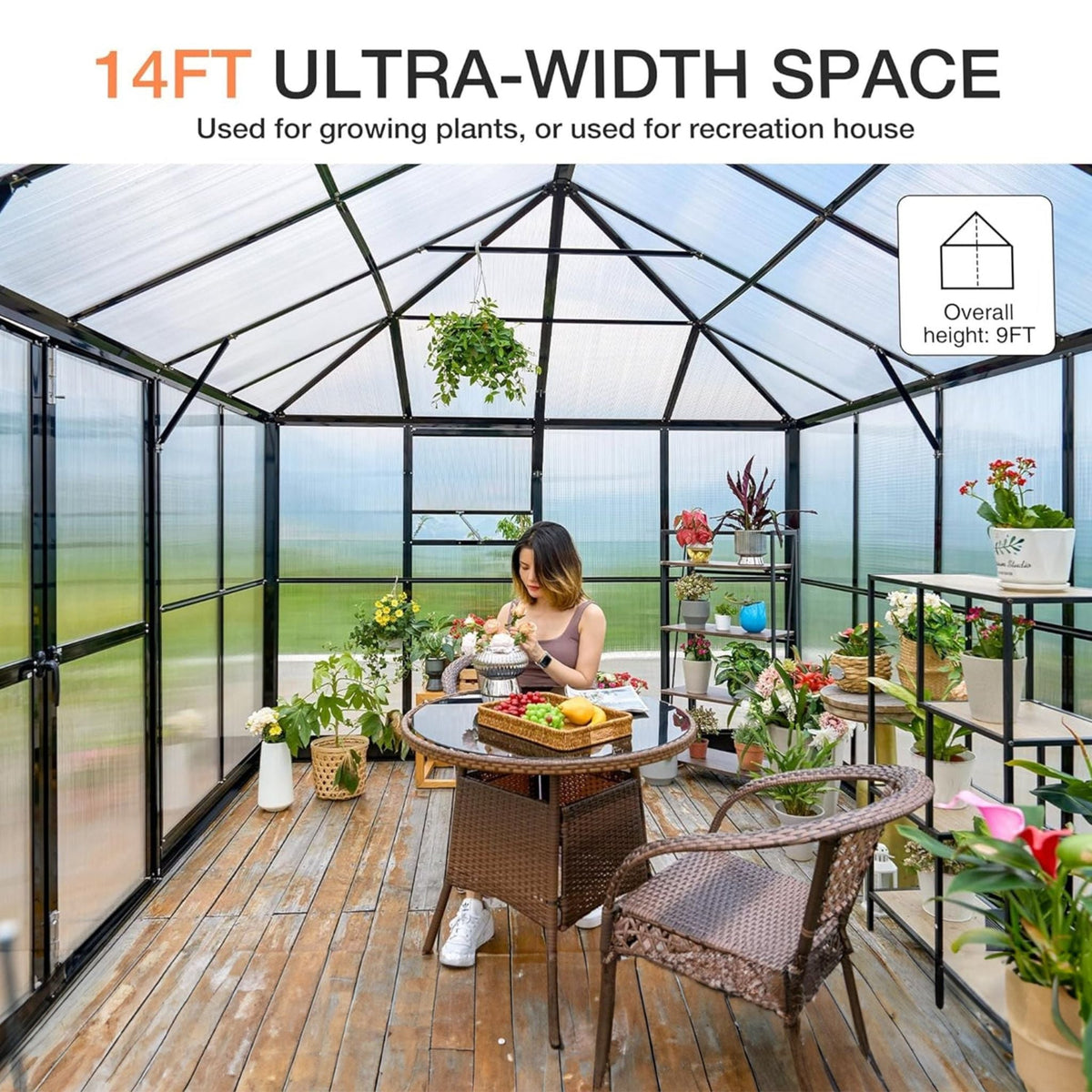 10x14 ft Premium Outdoor Polycarbonate Greenhouse with Aluminum Frame and Double Swing Doors