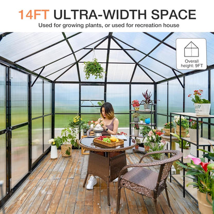 10x14 ft Premium Outdoor Polycarbonate Greenhouse with Aluminum Frame and Double Swing Doors
