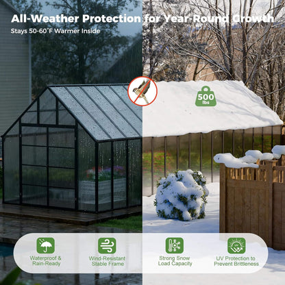 10x32 ft Heavy-Duty Aluminum Polycarbonate Greenhouse with Roof Vents and Swing Doors, 4mm