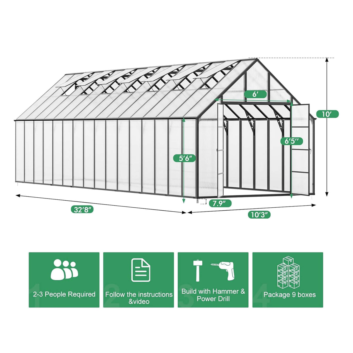 10x32 ft Heavy-Duty Aluminum Polycarbonate Greenhouse with Roof Vents and Swing Doors, 4mm