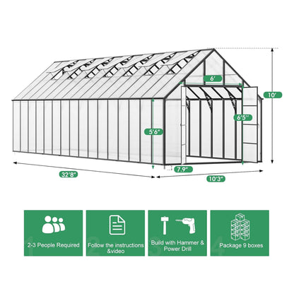 10x32 ft Heavy-Duty Aluminum Polycarbonate Greenhouse with Roof Vents and Swing Doors, 4mm