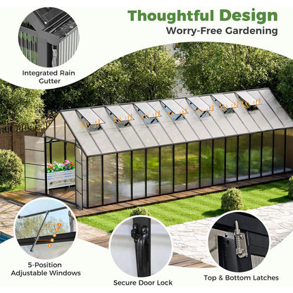 10x32 ft Heavy-Duty Aluminum Polycarbonate Greenhouse with Roof Vents and Swing Doors, 4mm