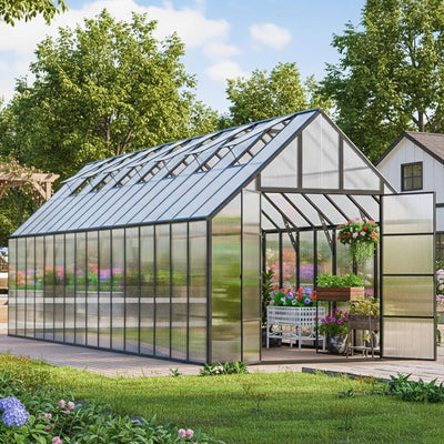 10x32 ft Heavy-Duty Aluminum Polycarbonate Greenhouse with Roof Vents and Swing Doors, 4mm