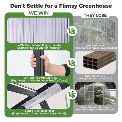 10x32 ft Heavy-Duty Aluminum Polycarbonate Greenhouse with Roof Vents and Swing Doors, 4mm