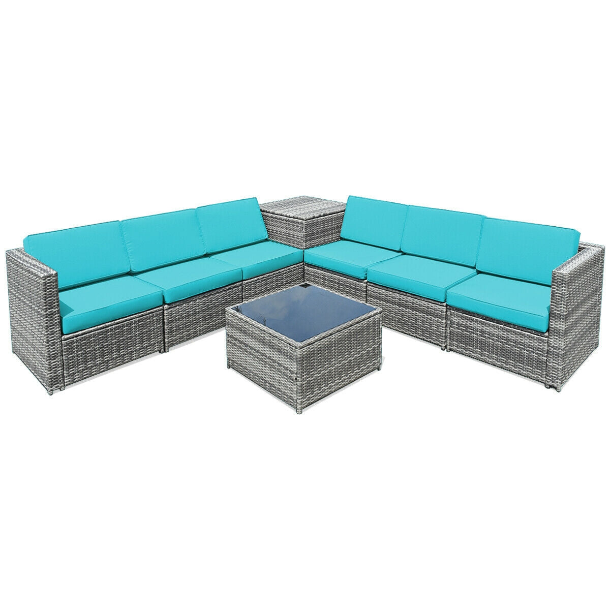 8-Piece Wicker Patio Conversation Set With Storage Cabinet and Glass Coffee Table