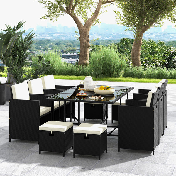 11-Piece Patio Dining Set with Tempered Glass Table | Black & White