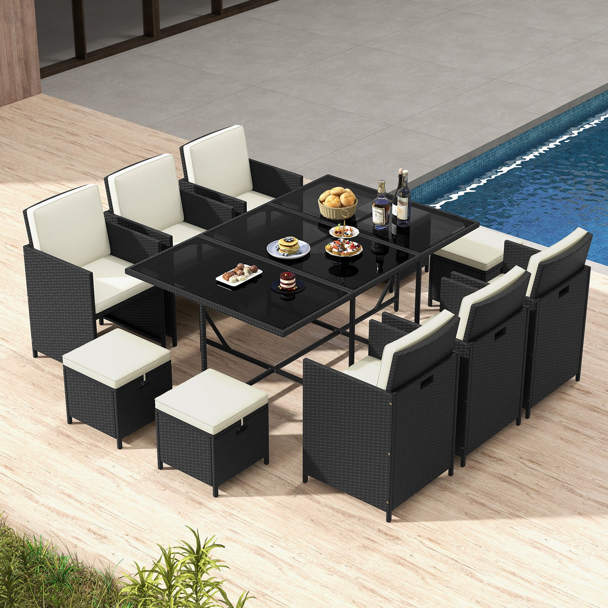 11-Piece Patio Dining Set with Tempered Glass Table | Black & White