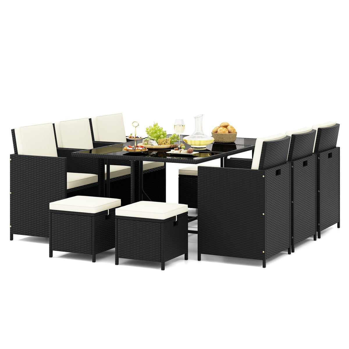 11-Piece Patio Dining Set with Tempered Glass Table | Black & White