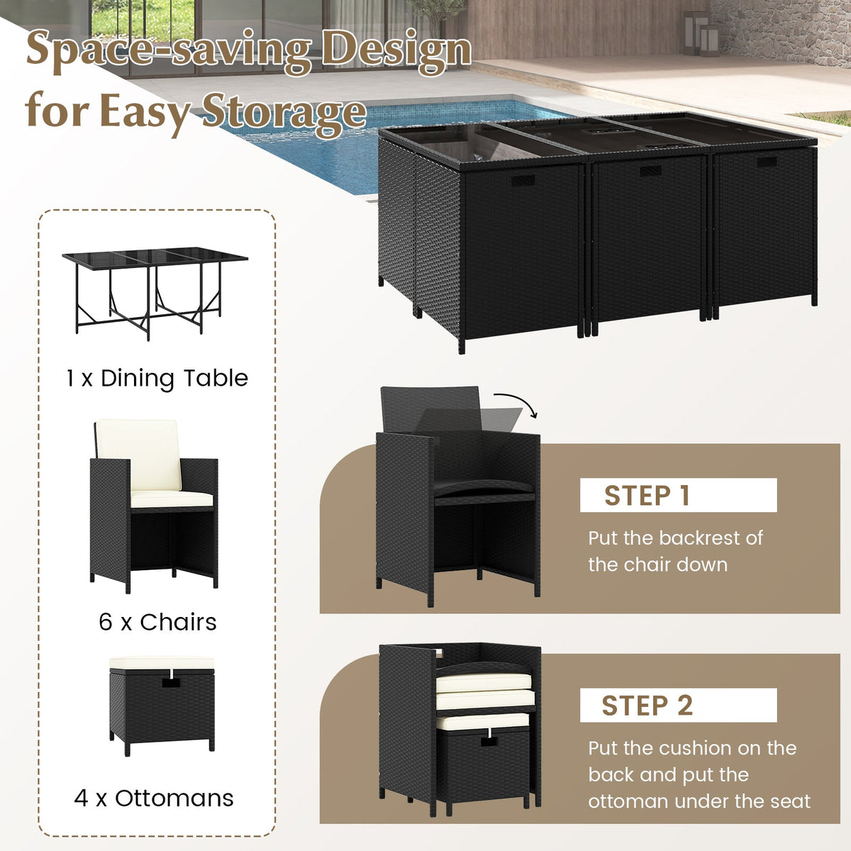 11-Piece Patio Dining Set with Tempered Glass Table | Black & White