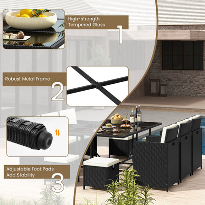 11-Piece Patio Dining Set with Tempered Glass Table | Black & White